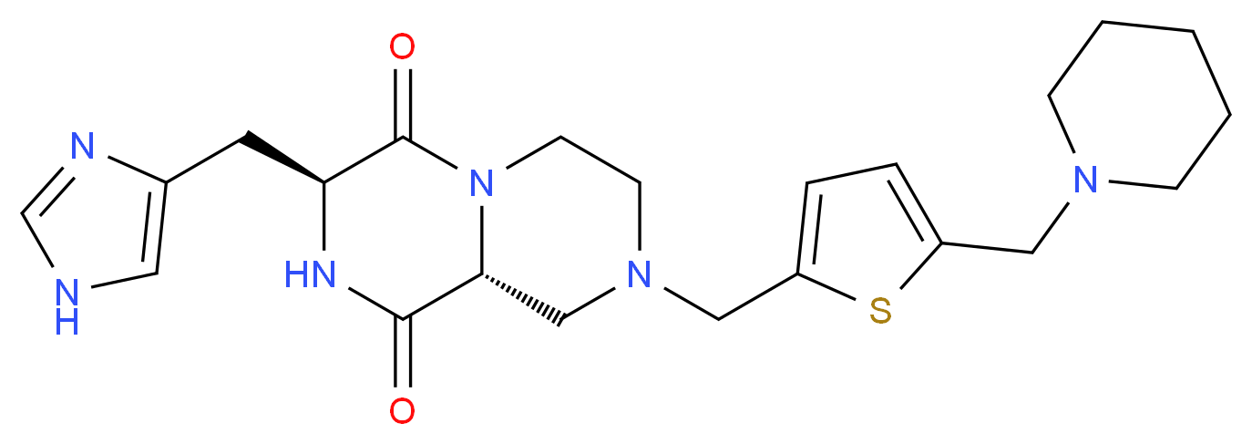 (3S*,9aR*)-3-(1H-imidazol-4-ylmethyl)-8-{[5-(1-piperidinylmethyl)-2-thienyl]methyl}tetrahydro-2H-pyrazino[1,2-a]pyrazine-1,4(3H,6H)-dione_分子结构_CAS_)