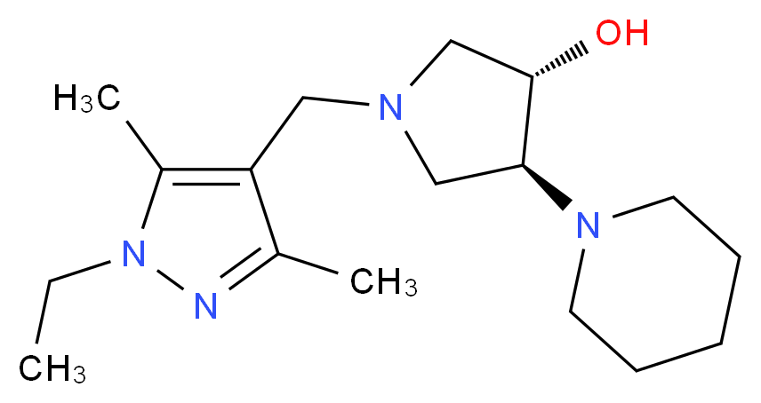 (3S*,4S*)-1-[(1-ethyl-3,5-dimethyl-1H-pyrazol-4-yl)methyl]-4-piperidin-1-ylpyrrolidin-3-ol_分子结构_CAS_)