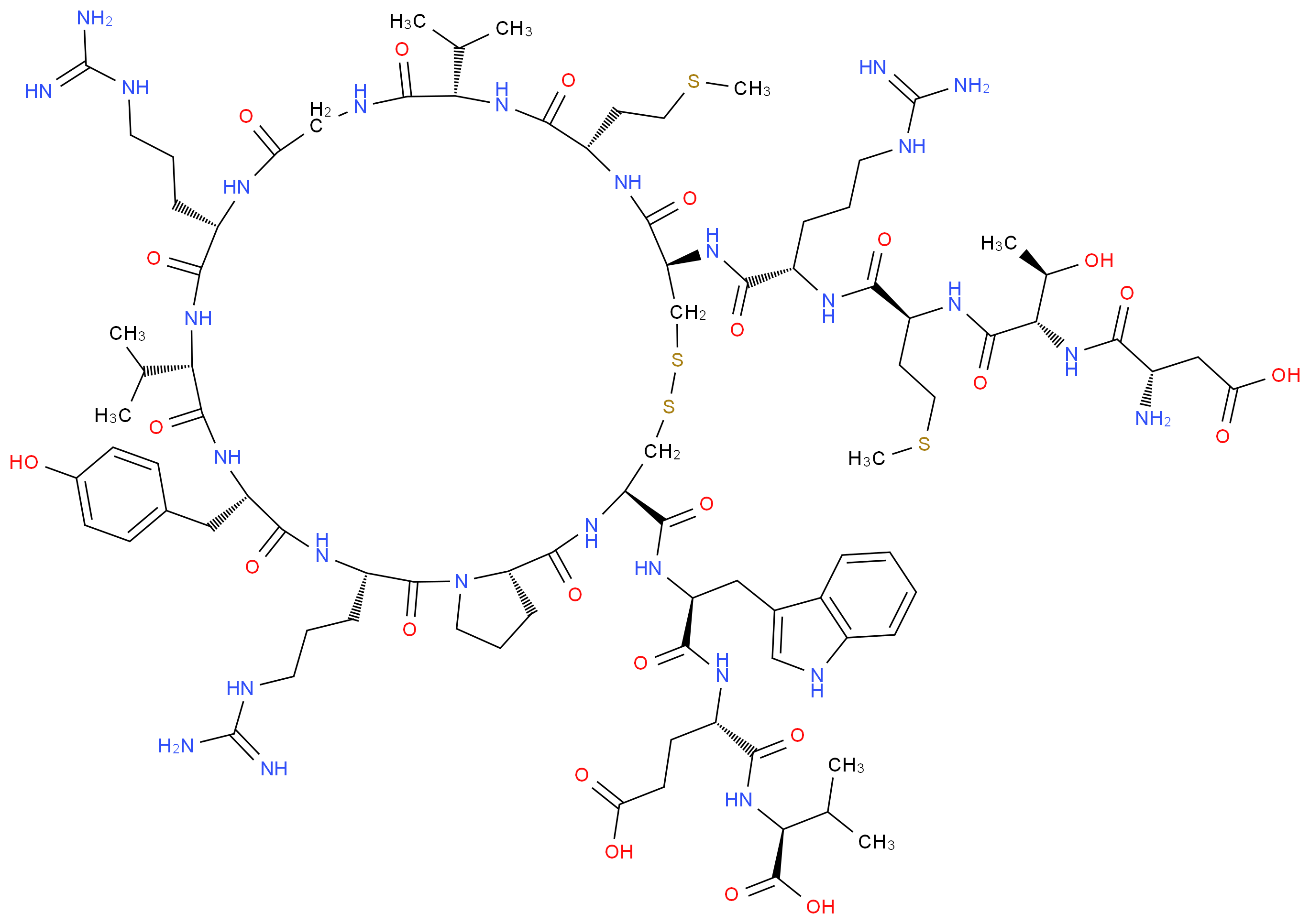 (4S)-4-[(2S)-2-{[(3R,8R,11S,14S,20S,23S,26S,29S,34aS)-8-[(2S)-2-[(2S)-2-[(2S,3R)-2-[(2S)-2-amino-3-carboxypropanamido]-3-hydroxybutanamido]-4-(methylsulfanyl)butanamido]-5-carbamimidamidopentanamido]-20,29-bis(3-carbamimidamidopropyl)-26-[(4-hydroxyphenyl)methyl]-11-[2-(methylsulfanyl)ethyl]-1,9,12,15,18,21,24,27,30-nonaoxo-14,23-bis(propan-2-yl)-dotriacontahydropyrrolo[2,1-g]1,2-dithia-5,8,11,14,17,20,23,26,29-nonaazacyclodotriacontan-3-yl]formamido}-3-(1H-indol-3-yl)propanamido]-4-{[(1S)-1-carboxy-2-methylpropyl]carbamoyl}butanoic acid_分子结构_CAS_87218-84-6