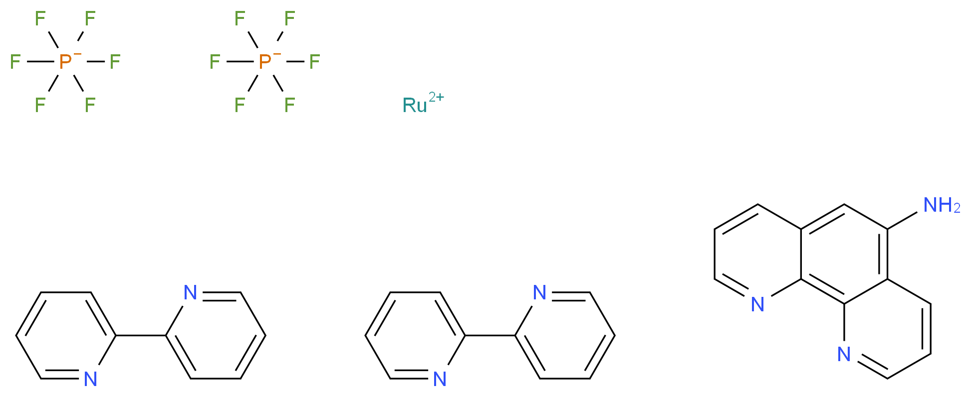 λ<sup>2</sup>-ruthenium(2+) ion 1,10-phenanthrolin-5-amine bis(2-(pyridin-2-yl)pyridine) bis(hexafluoro-λ<sup>5</sup>-phosphanuide)_分子结构_CAS_84537-86-0