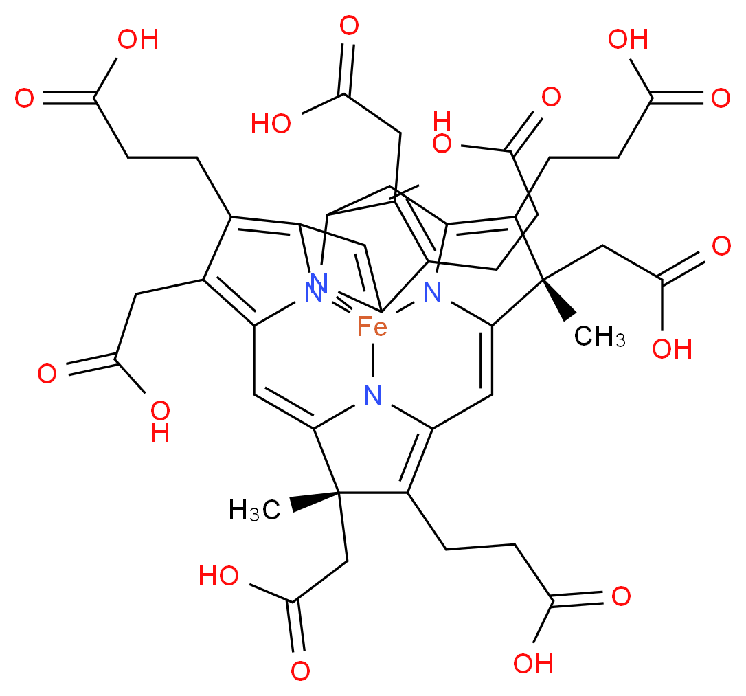3-[(1S,5S,10S)-9,15,19-tris(2-carboxyethyl)-5,10,14,20-tetrakis(carboxymethyl)-5,10-dimethyl-2,22,23,25-tetraaza-1-ferraoctacyclo[11.9.1.1^{1,8}.1^{3,21}.0^{2,6}.0^{16,23}.0^{18,22}.0^{11,25}]pentacosa-3,6,8,11,13,15,17,19,21(24)-nonaen-4-yl]propanoic acid_分子结构_CAS_52553-42-1