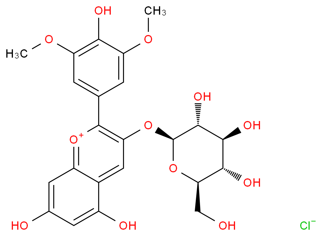 5,7-dihydroxy-2-(4-hydroxy-3,5-dimethoxyphenyl)-3-{[(2S,3R,4S,5S,6R)-3,4,5-trihydroxy-6-(hydroxymethyl)oxan-2-yl]oxy}-1λ<sup>4</sup>-chromen-1-ylium chloride_分子结构_CAS_7228-78-6