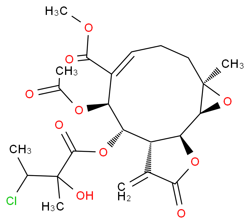 methyl (1S,2S,4R,7E,9S,10S,11R)-9-(acetyloxy)-10-[(3-chloro-2-hydroxy-2-methylbutanoyl)oxy]-4-methyl-12-methylidene-13-oxo-3,14-dioxatricyclo[9.3.0.0<sup>2</sup>,<sup>4</sup>]tetradec-7-ene-8-carboxylate_分子结构_CAS_38230-99-8