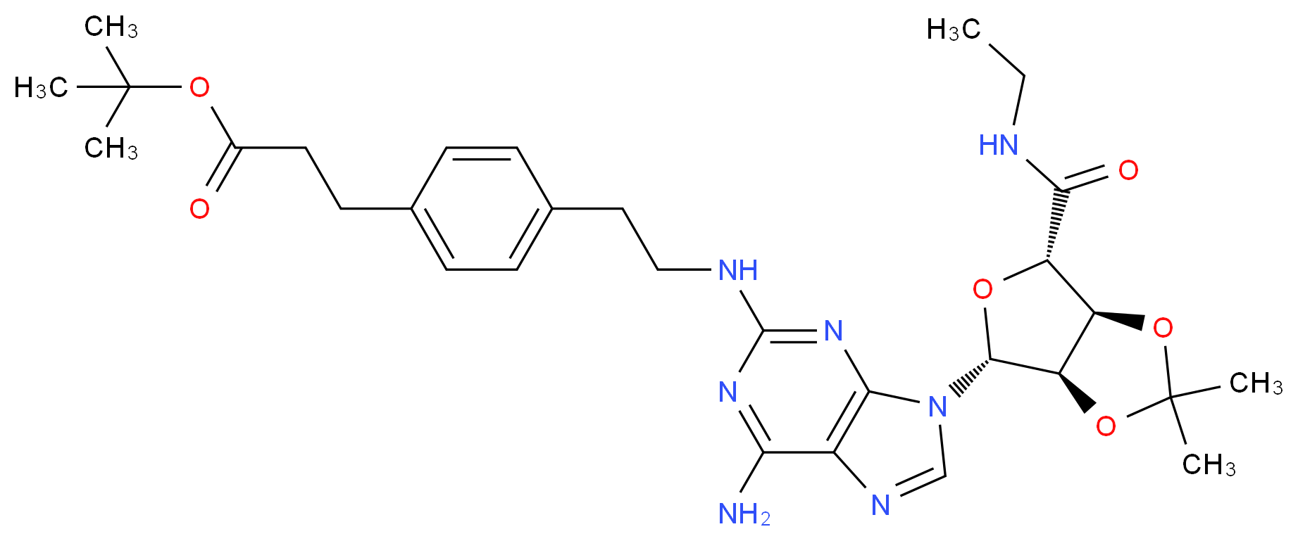 tert-butyl 3-{4-[2-({9-[(3aR,4R,6S,6aS)-6-(ethylcarbamoyl)-2,2-dimethyl-tetrahydro-2H-furo[3,4-d][1,3]dioxol-4-yl]-6-amino-9H-purin-2-yl}amino)ethyl]phenyl}propanoate_分子结构_CAS_120225-76-5