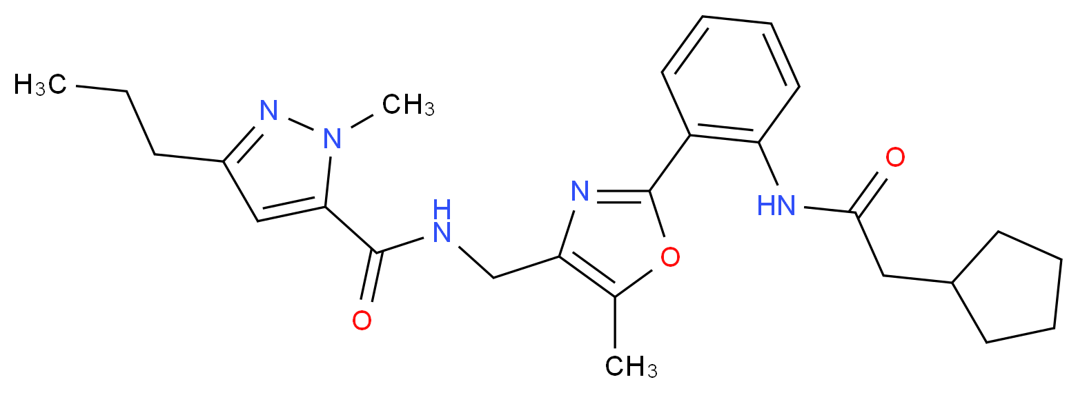 N-[(2-{2-[(cyclopentylacetyl)amino]phenyl}-5-methyl-1,3-oxazol-4-yl)methyl]-1-methyl-3-propyl-1H-pyrazole-5-carboxamide_分子结构_CAS_)