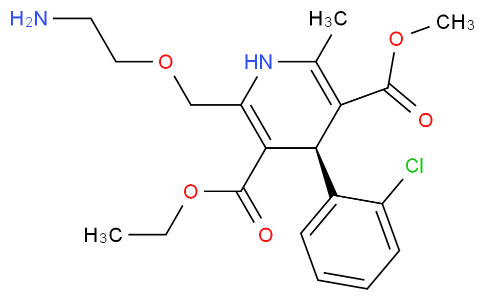 3-ethyl 5-methyl (4R)-2-[(2-aminoethoxy)methyl]-4-(2-chlorophenyl)-6-methyl-1,4-dihydropyridine-3,5-dicarboxylate_分子结构_CAS_103129-81-3