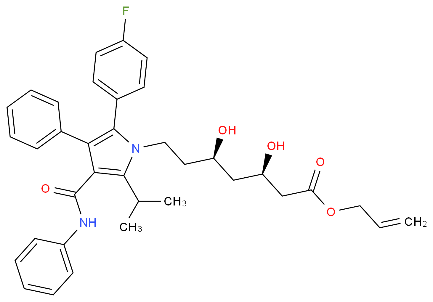 prop-2-en-1-yl (3R,5R)-7-[2-(4-fluorophenyl)-3-phenyl-4-(phenylcarbamoyl)-5-(propan-2-yl)-1H-pyrrol-1-yl]-3,5-dihydroxyheptanoate_分子结构_CAS_915092-85-2