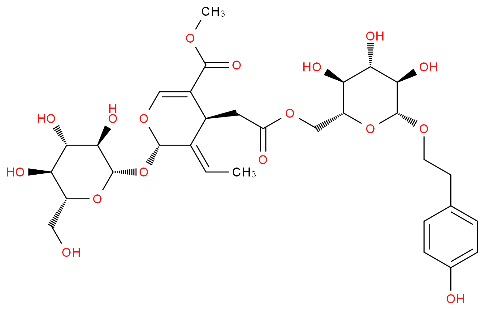 methyl (2S,3E,4S)-3-ethylidene-4-(2-oxo-2-{[(2R,3S,4S,5R,6R)-3,4,5-trihydroxy-6-[2-(4-hydroxyphenyl)ethoxy]oxan-2-yl]methoxy}ethyl)-2-{[(2S,3R,4S,5S,6R)-3,4,5-trihydroxy-6-(hydroxymethyl)oxan-2-yl]oxy}-3,4-dihydro-2H-pyran-5-carboxylate_分子结构_CAS_39011-92-2