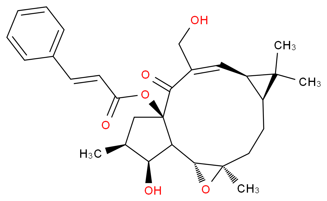 (1R,2R,4R,7S,9R,10E,13R,15S,16S)-16-hydroxy-11-(hydroxymethyl)-4,8,8,15-tetramethyl-12-oxo-3-oxatetracyclo[11.3.0.0<sup>2</sup>,<sup>4</sup>.0<sup>7</sup>,<sup>9</sup>]hexadec-10-en-13-yl (2E)-3-phenylprop-2-enoate_分子结构_CAS_62820-11-5