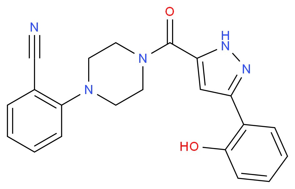 2-(4-{[3-(2-hydroxyphenyl)-1H-pyrazol-5-yl]carbonyl}-1-piperazinyl)benzonitrile_分子结构_CAS_)