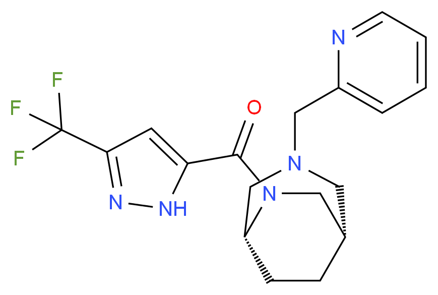 (1S*,5R*)-3-(pyridin-2-ylmethyl)-6-{[3-(trifluoromethyl)-1H-pyrazol-5-yl]carbonyl}-3,6-diazabicyclo[3.2.2]nonane_分子结构_CAS_)