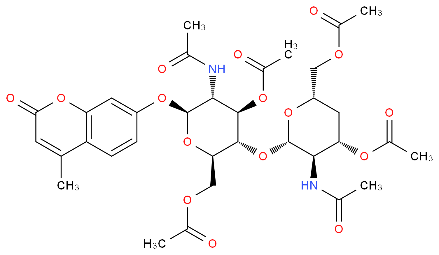 [(2S,4S,5R,6S)-4-(acetyloxy)-6-{[(2R,3S,4R,5R,6S)-4-(acetyloxy)-2-[(acetyloxy)methyl]-5-acetamido-6-[(4-methyl-2-oxo-2H-chromen-7-yl)oxy]oxan-3-yl]oxy}-5-acetamidooxan-2-yl]methyl acetate_分子结构_CAS_1228931-52-9