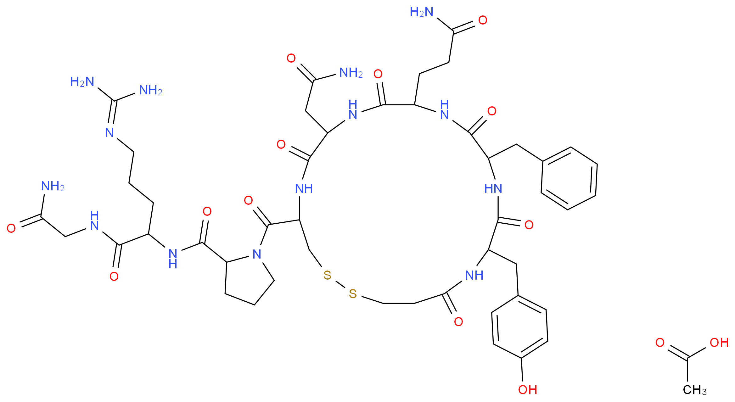 2-({1-[13-benzyl-10-(2-carbamoylethyl)-7-(carbamoylmethyl)-16-[(4-hydroxyphenyl)methyl]-6,9,12,15,18-pentaoxo-1,2-dithia-5,8,11,14,17-pentaazacycloicosane-4-carbonyl]pyrrolidin-2-yl}formamido)-N-(carbamoylmethyl)-5-[(diaminomethylidene)amino]pentanamide; acetic acid_分子结构_CAS_62288-83-9