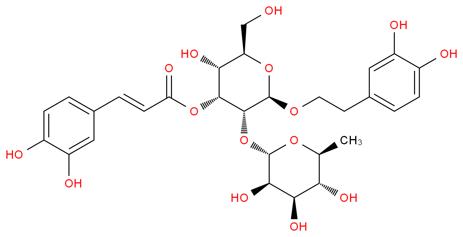 (2R,3R,4R,5R,6R)-2-[2-(3,4-dihydroxyphenyl)ethoxy]-5-hydroxy-6-(hydroxymethyl)-3-{[(2S,3R,4R,5R,6S)-3,4,5-trihydroxy-6-methyloxan-2-yl]oxy}oxan-4-yl (2E)-3-(3,4-dihydroxyphenyl)prop-2-enoate_分子结构_CAS_113557-95-2