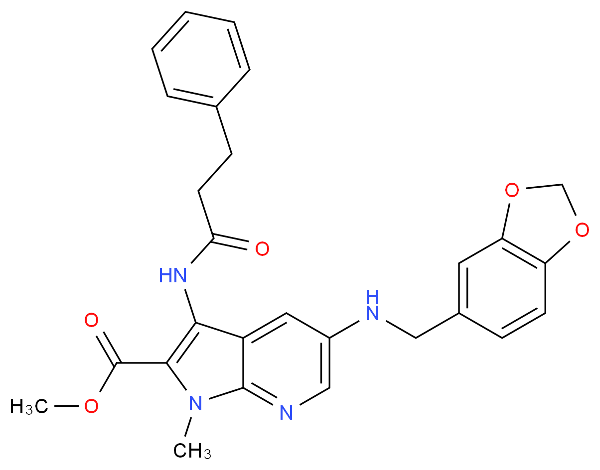 methyl 5-[(1,3-benzodioxol-5-ylmethyl)amino]-1-methyl-3-[(3-phenylpropanoyl)amino]-1H-pyrrolo[2,3-b]pyridine-2-carboxylate_分子结构_CAS_)