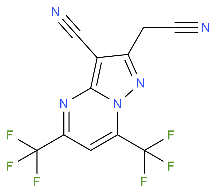 2-(cyanomethyl)-5,7-bis(trifluoromethyl)pyrazolo[1,5-a]pyrimidine-3-carbonitrile_分子结构_CAS_338786-45-1)