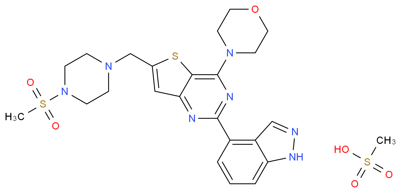 4-{6-[(4-methanesulfonylpiperazin-1-yl)methyl]-4-(morpholin-4-yl)thieno[3,2-d]pyrimidin-2-yl}-1H-indazole; methanesulfonic acid_分子结构_CAS_957054-33-0