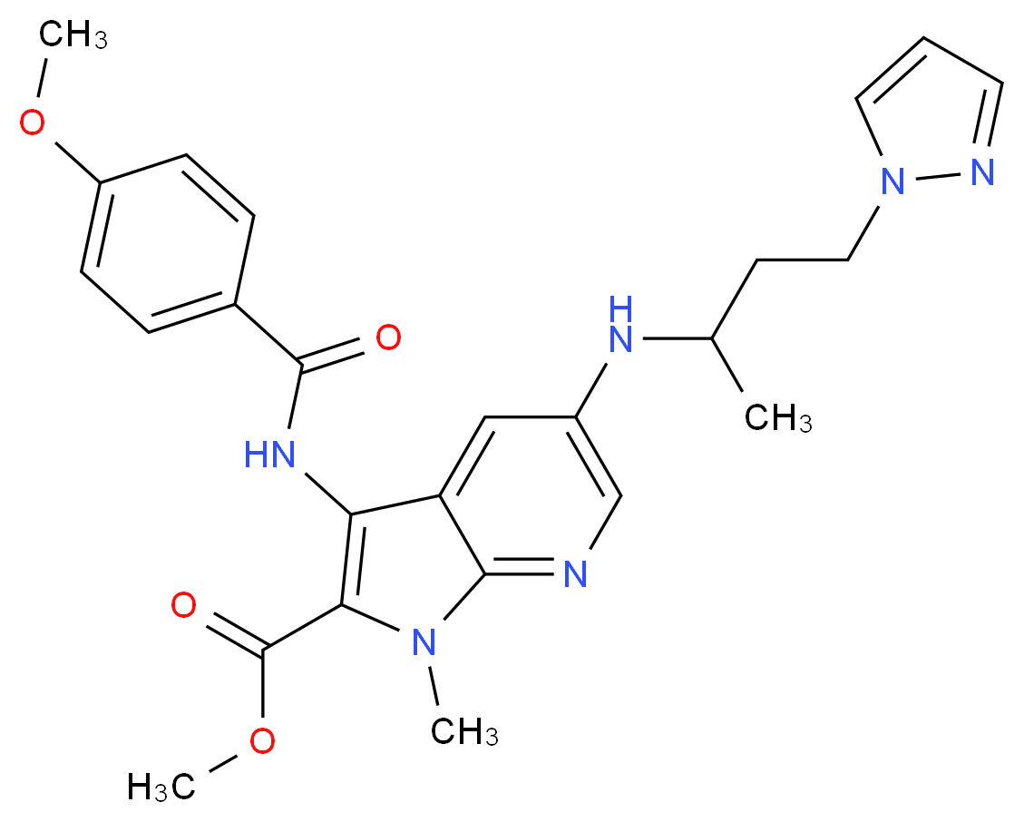 methyl 3-[(4-methoxybenzoyl)amino]-1-methyl-5-{[1-methyl-3-(1H-pyrazol-1-yl)propyl]amino}-1H-pyrrolo[2,3-b]pyridine-2-carboxylate_分子结构_CAS_)