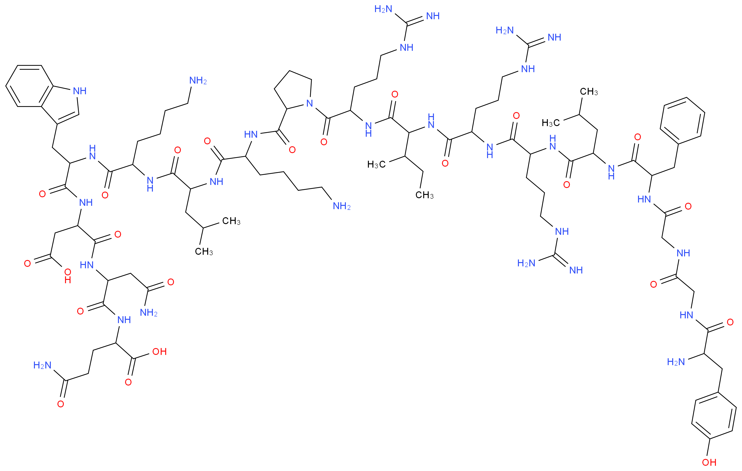 2-{2-[2-(2-{6-amino-2-[2-(6-amino-2-{[1-(2-{2-[2-(2-{2-[2-(2-{2-[2-amino-3-(4-hydroxyphenyl)propanamido]acetamido}acetamido)-3-phenylpropanamido]-4-methylpentanamido}-5-carbamimidamidopentanamido)-5-carbamimidamidopentanamido]-3-methylpentanamido}-5-carbamimidamidopentanoyl)pyrrolidin-2-yl]formamido}hexanamido)-4-methylpentanamido]hexanamido}-3-(1H-indol-3-yl)propanamido)-3-carboxypropanamido]-3-carbamoylpropanamido}-4-carbamoylbutanoic acid_分子结构_CAS_80448-90-4