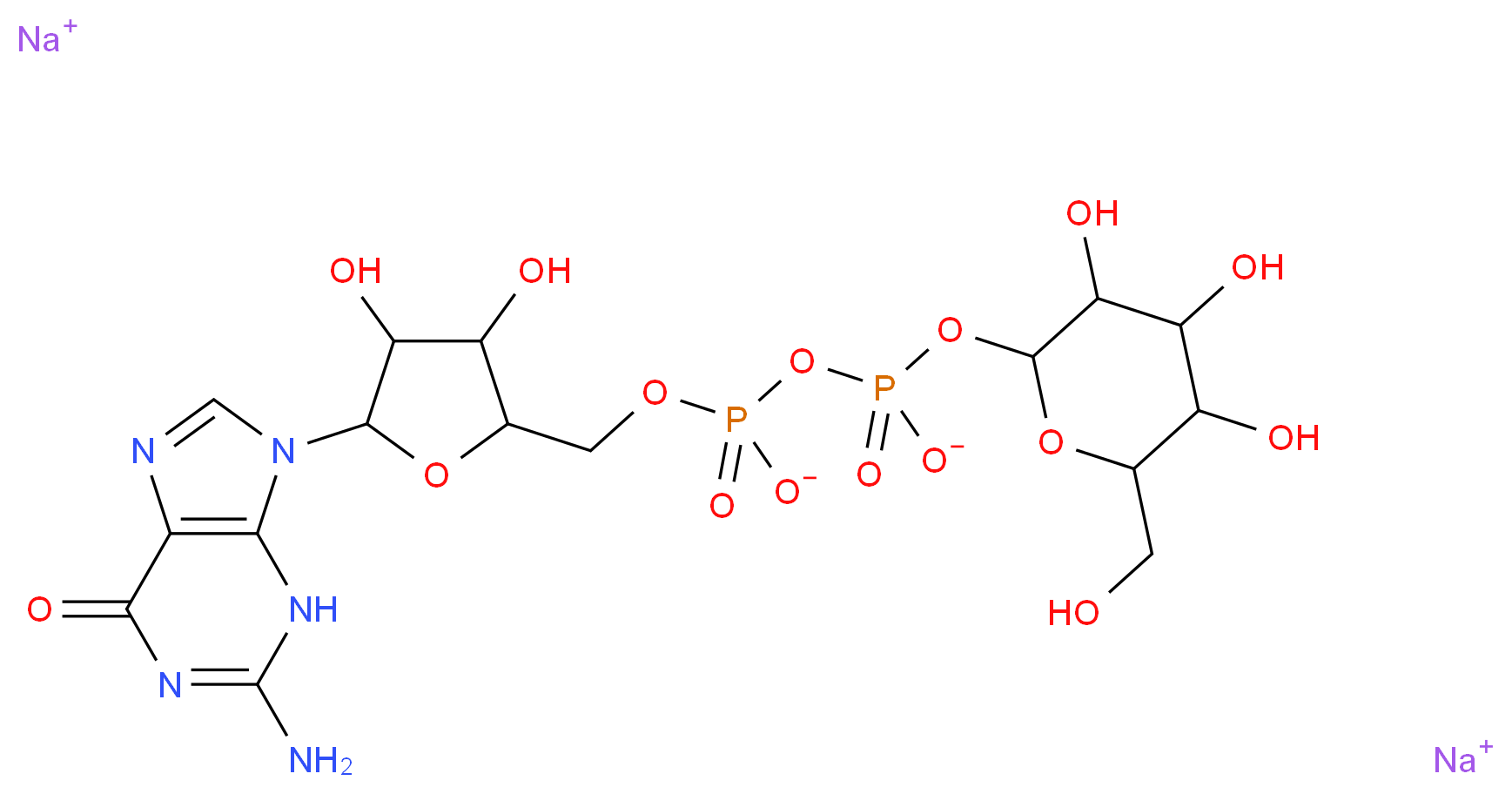 disodium [5-(2-amino-6-oxo-6,9-dihydro-3H-purin-9-yl)-3,4-dihydroxyoxolan-2-yl]methyl {[3,4,5-trihydroxy-6-(hydroxymethyl)oxan-2-yl phosphonato]oxy}phosphonate_分子结构_CAS_103301-73-1