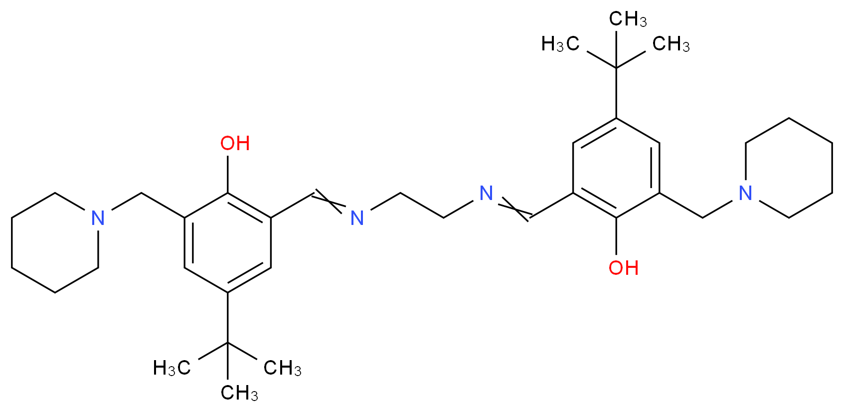 4-tert-butyl-2-({[2-({[5-tert-butyl-2-hydroxy-3-(piperidin-1-ylmethyl)phenyl]methylidene}amino)ethyl]imino}methyl)-6-(piperidin-1-ylmethyl)phenol_分子结构_CAS_524679-18-3