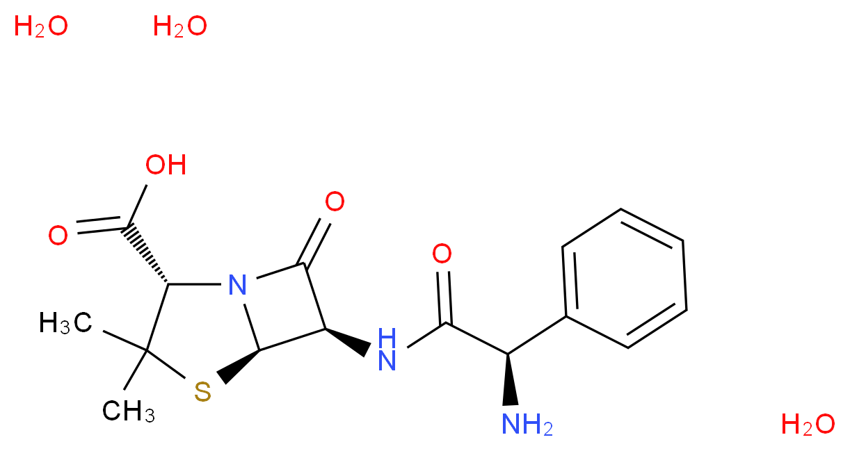 (2S,5R,6R)-6-((R)-2-amino-2-phenylacetamido)-3,3-dimethyl-7-oxo-4-thia-1-azabicyclo[3.2.0]heptane-2-carboxylic acid trihydrate_分子结构_CAS_)