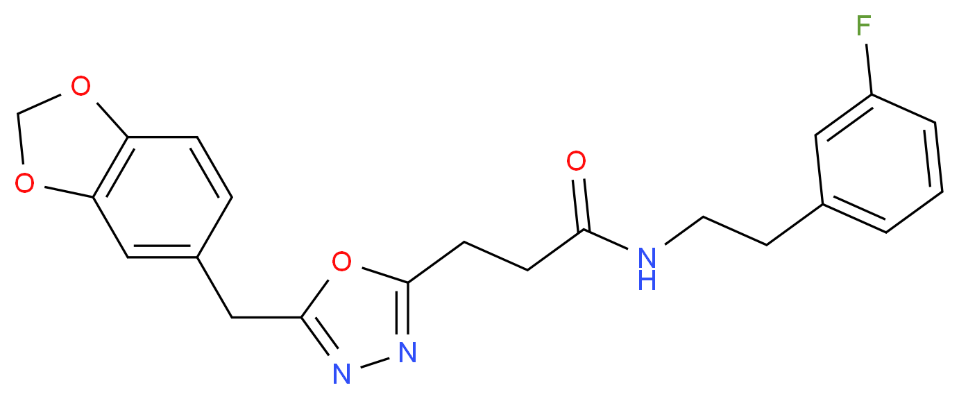 3-[5-(1,3-benzodioxol-5-ylmethyl)-1,3,4-oxadiazol-2-yl]-N-[2-(3-fluorophenyl)ethyl]propanamide_分子结构_CAS_)