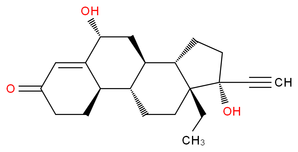 (1S,2R,8R,10R,11S,14R,15R)-15-ethyl-14-ethynyl-8,14-dihydroxytetracyclo[8.7.0.0<sup>2</sup>,<sup>7</sup>.0<sup>1</sup><sup>1</sup>,<sup>1</sup><sup>5</sup>]heptadec-6-en-5-one_分子结构_CAS_55555-97-0