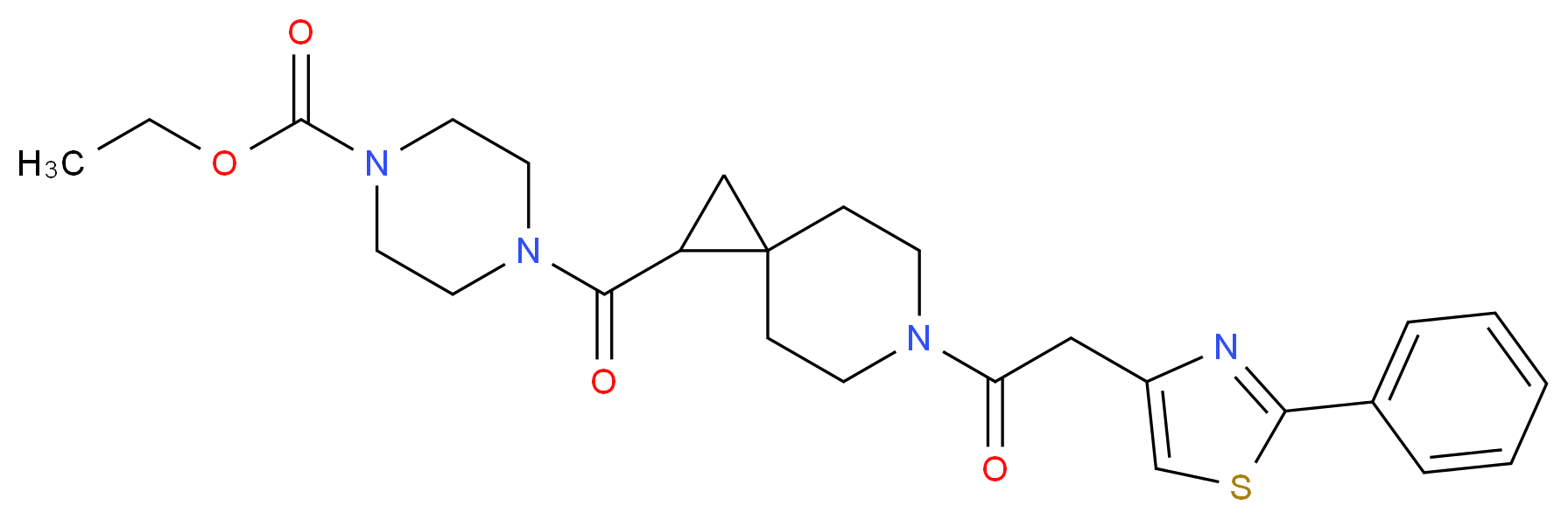 ethyl 4-({6-[(2-phenyl-1,3-thiazol-4-yl)acetyl]-6-azaspiro[2.5]oct-1-yl}carbonyl)-1-piperazinecarboxylate_分子结构_CAS_)