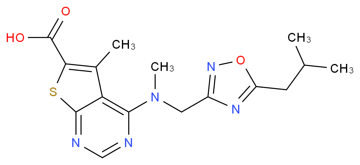 4-[[(5-isobutyl-1,2,4-oxadiazol-3-yl)methyl](methyl)amino]-5-methylthieno[2,3-d]pyrimidine-6-carboxylic acid_分子结构_CAS_)