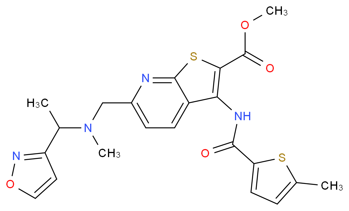 methyl 6-{[[1-(3-isoxazolyl)ethyl](methyl)amino]methyl}-3-{[(5-methyl-2-thienyl)carbonyl]amino}thieno[2,3-b]pyridine-2-carboxylate_分子结构_CAS_)