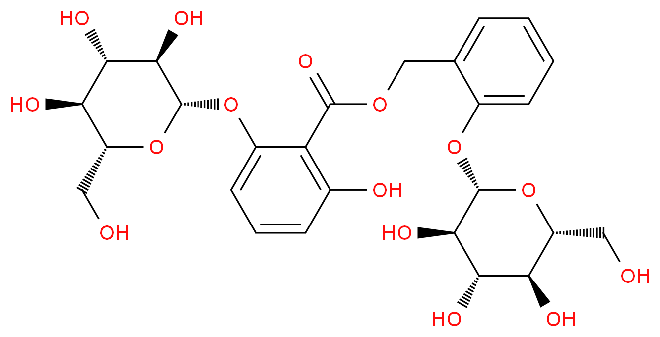 (2-{[(2S,3R,4S,5S,6R)-3,4,5-trihydroxy-6-(hydroxymethyl)oxan-2-yl]oxy}phenyl)methyl 2-hydroxy-6-{[(2S,3R,4S,5S,6R)-3,4,5-trihydroxy-6-(hydroxymethyl)oxan-2-yl]oxy}benzoate_分子结构_CAS_72021-23-9