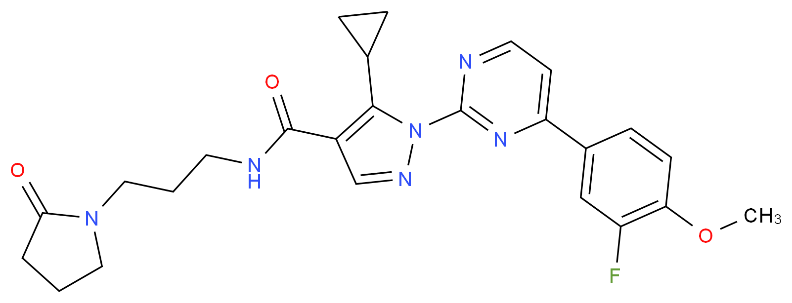 5-cyclopropyl-1-[4-(3-fluoro-4-methoxyphenyl)-2-pyrimidinyl]-N-[3-(2-oxo-1-pyrrolidinyl)propyl]-1H-pyrazole-4-carboxamide_分子结构_CAS_)