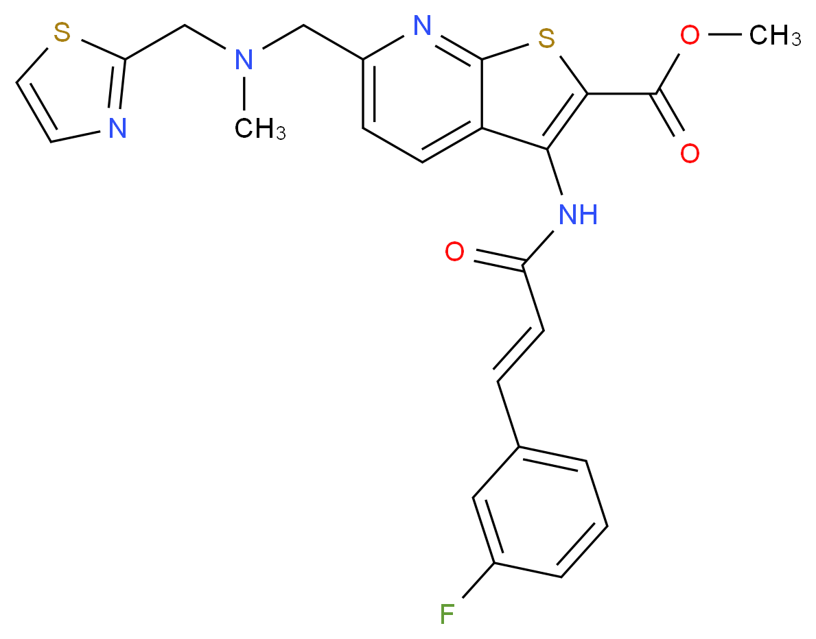 methyl 3-{[(2E)-3-(3-fluorophenyl)-2-propenoyl]amino}-6-{[methyl(1,3-thiazol-2-ylmethyl)amino]methyl}thieno[2,3-b]pyridine-2-carboxylate_分子结构_CAS_)
