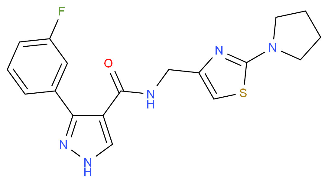 3-(3-fluorophenyl)-N-{[2-(1-pyrrolidinyl)-1,3-thiazol-4-yl]methyl}-1H-pyrazole-4-carboxamide_分子结构_CAS_)