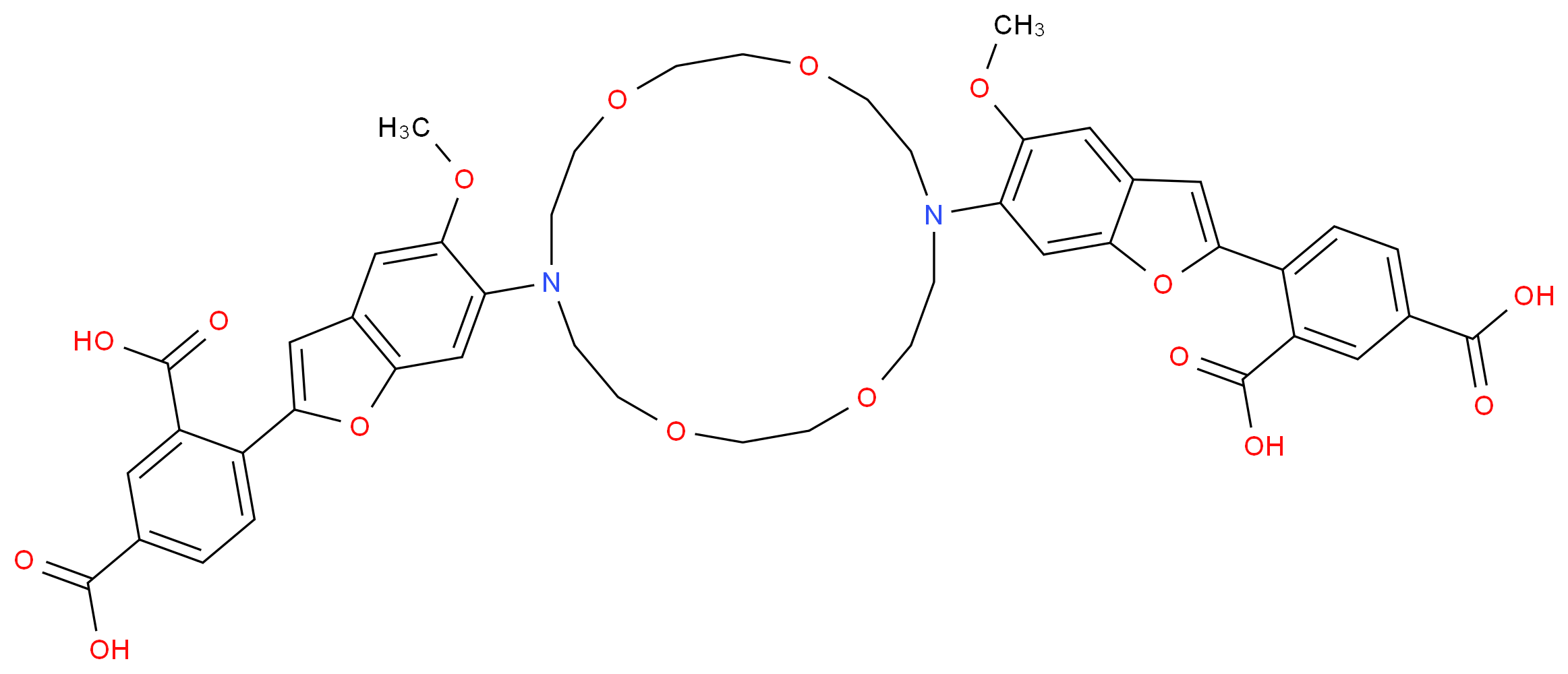 4-(6-{16-[2-(2,4-dicarboxyphenyl)-5-methoxy-1-benzofuran-6-yl]-1,4,10,13-tetraoxa-7,16-diazacyclooctadecan-7-yl}-5-methoxy-1-benzofuran-2-yl)benzene-1,3-dicarboxylic acid_分子结构_CAS_124549-11-7