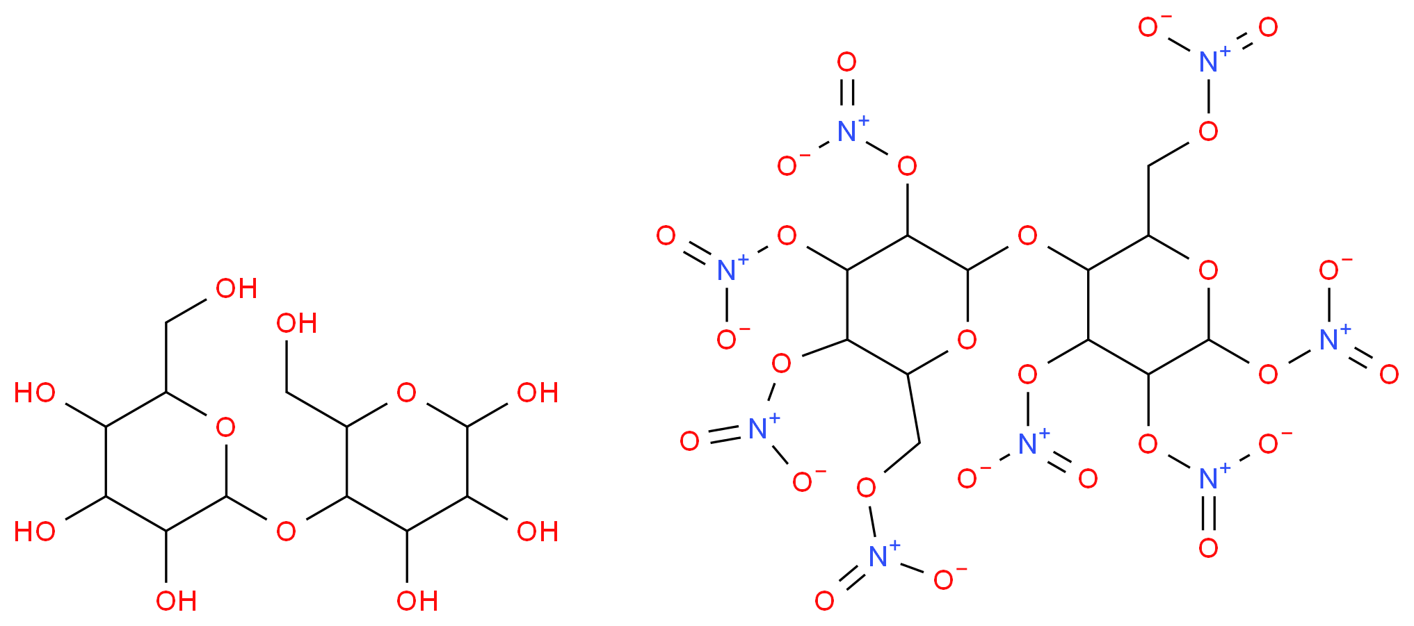 2-(hydroxymethyl)-6-{[4,5,6-trihydroxy-2-(hydroxymethyl)oxan-3-yl]oxy}oxane-3,4,5-triol 3,4-bis(nitrooxy)-6-[(nitrooxy)methyl]-5-{[3,4,5-tris(nitrooxy)-6-[(nitrooxy)methyl]oxan-2-yl]oxy}oxan-2-yl nitrate_分子结构_CAS_9004-70-0