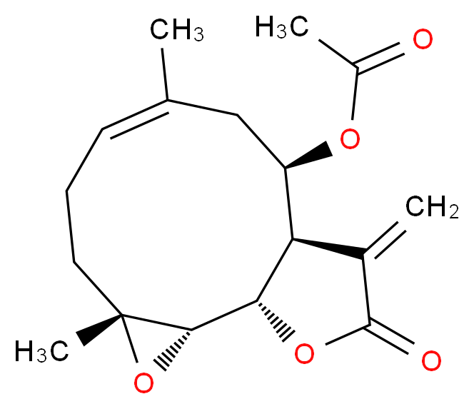 (1S,2S,4R,7E,10R,11R)-4,8-dimethyl-12-methylidene-13-oxo-3,14-dioxatricyclo[9.3.0.0<sup>2</sup>,<sup>4</sup>]tetradec-7-en-10-yl acetate_分子结构_CAS_41059-80-7