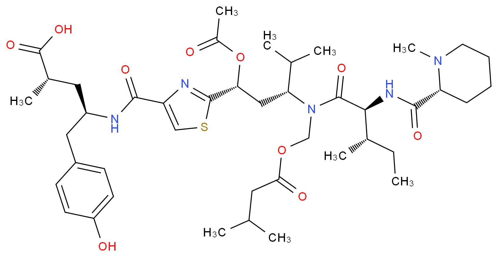 (2S,4R)-4-({2-[(1R,3R)-1-(acetyloxy)-4-methyl-3-[(2S,3S)-3-methyl-N-{[(3-methylbutanoyl)oxy]methyl}-2-{[(2R)-1-methylpiperidin-2-yl]formamido}pentanamido]pentyl]-1,3-thiazol-4-yl}formamido)-5-(4-hydroxyphenyl)-2-methylpentanoic acid_分子结构_CAS_205304-86-5