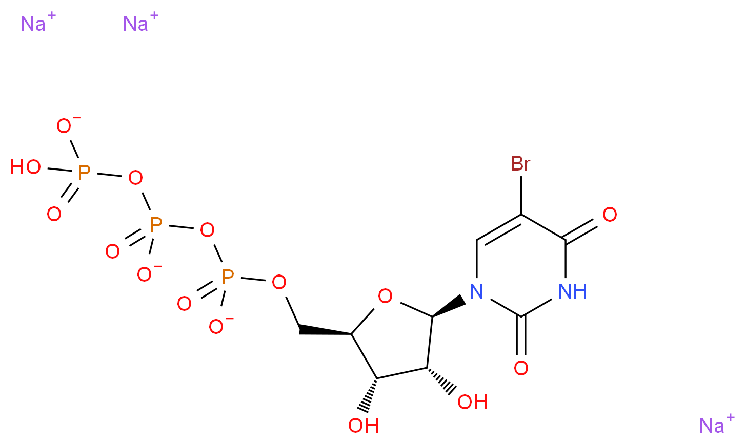 trisodium ({[(2R,3S,4R,5R)-5-(5-bromo-2,4-dioxo-1,2,3,4-tetrahydropyrimidin-1-yl)-3,4-dihydroxyoxolan-2-yl]methyl phosphonato}oxy)(hydrogen phosphonatooxy)phosphinate_分子结构_CAS_161848-60-8