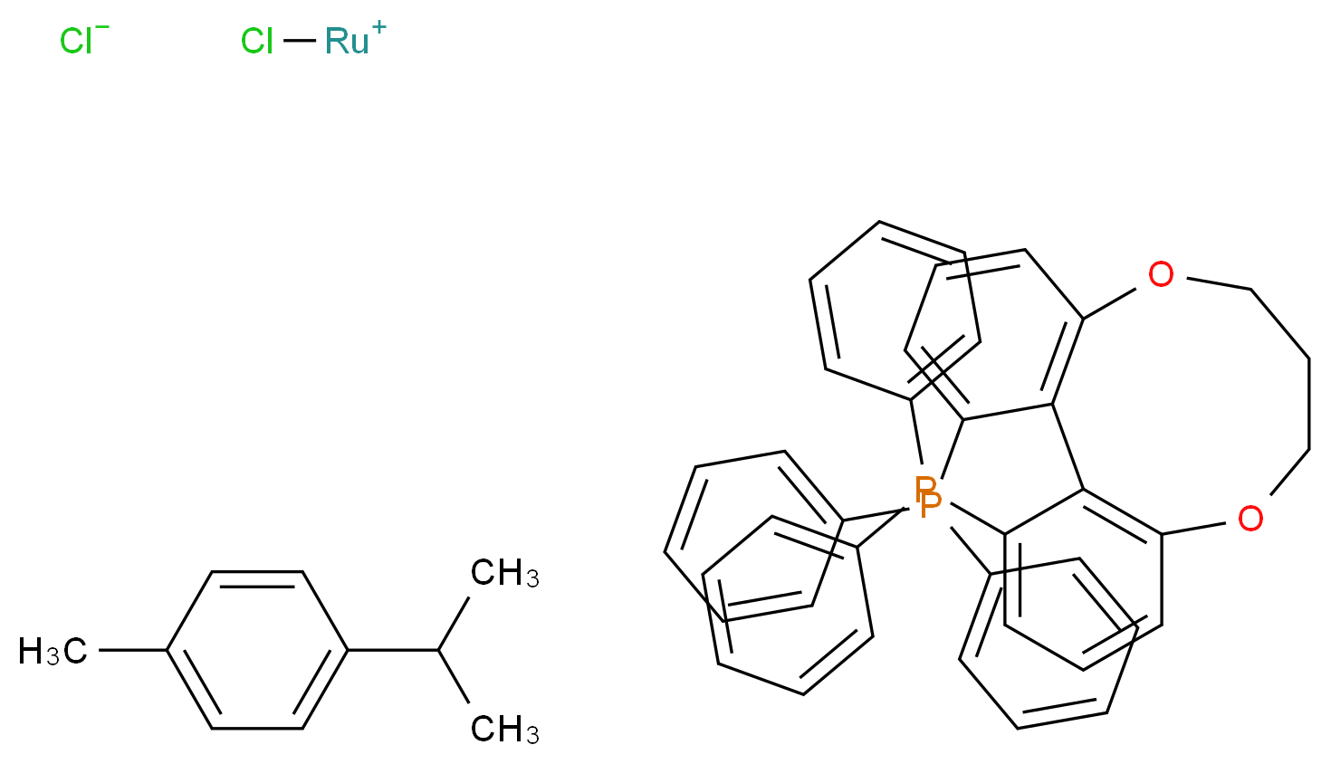 1-methyl-4-(propan-2-yl)benzene [17-(diphenylphosphanyl)-8,12-dioxatricyclo[11.4.0.0<sup>2</sup>,<sup>7</sup>]heptadeca-1(13),2(7),3,5,14,16-hexaen-3-yl]diphenylphosphane chlororutheniumylium chloride_分子结构_CAS_905709-79-7