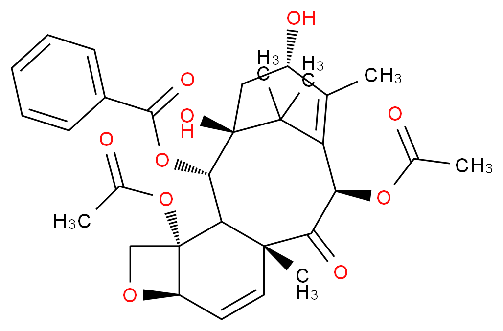 (1S,2S,3R,4S,7R,10R,12R,15S)-4,12-bis(acetyloxy)-1,15-dihydroxy-10,14,17,17-tetramethyl-11-oxo-6-oxatetracyclo[11.3.1.0<sup>3</sup>,<sup>1</sup><sup>0</sup>.0<sup>4</sup>,<sup>7</sup>]heptadeca-8,13-dien-2-yl benzoate_分子结构_CAS_158830-50-3