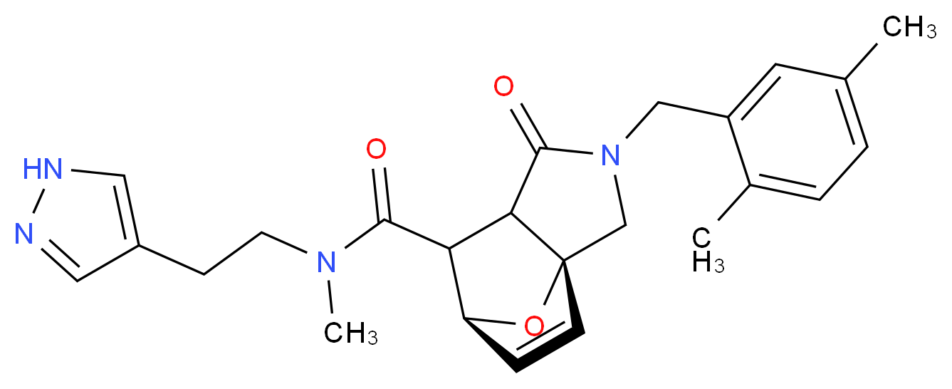 (3aR*,6S*)-2-(2,5-dimethylbenzyl)-N-methyl-1-oxo-N-[2-(1H-pyrazol-4-yl)ethyl]-1,2,3,6,7,7a-hexahydro-3a,6-epoxyisoindole-7-carboxamide_分子结构_CAS_)