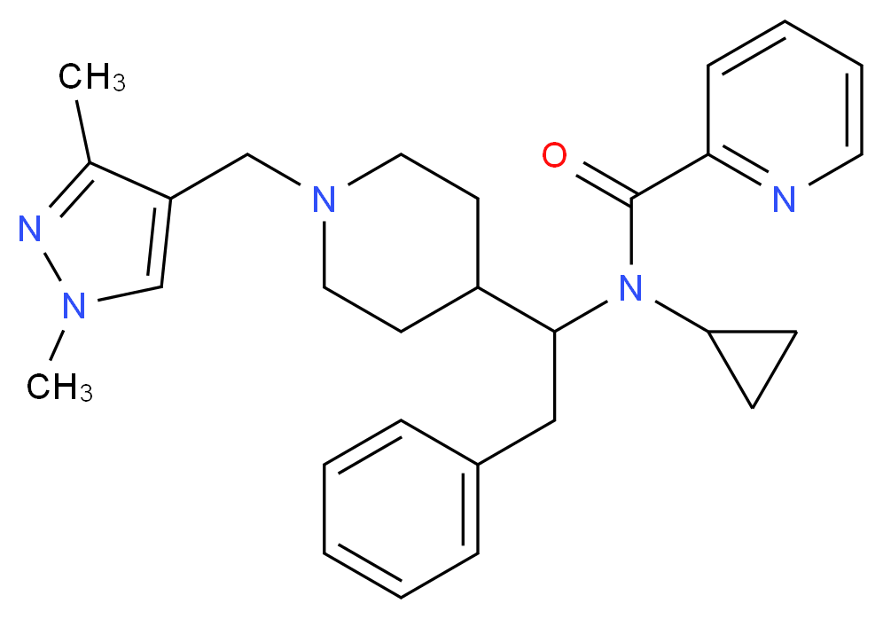 N-cyclopropyl-N-(1-{1-[(1,3-dimethyl-1H-pyrazol-4-yl)methyl]-4-piperidinyl}-2-phenylethyl)-2-pyridinecarboxamide_分子结构_CAS_)