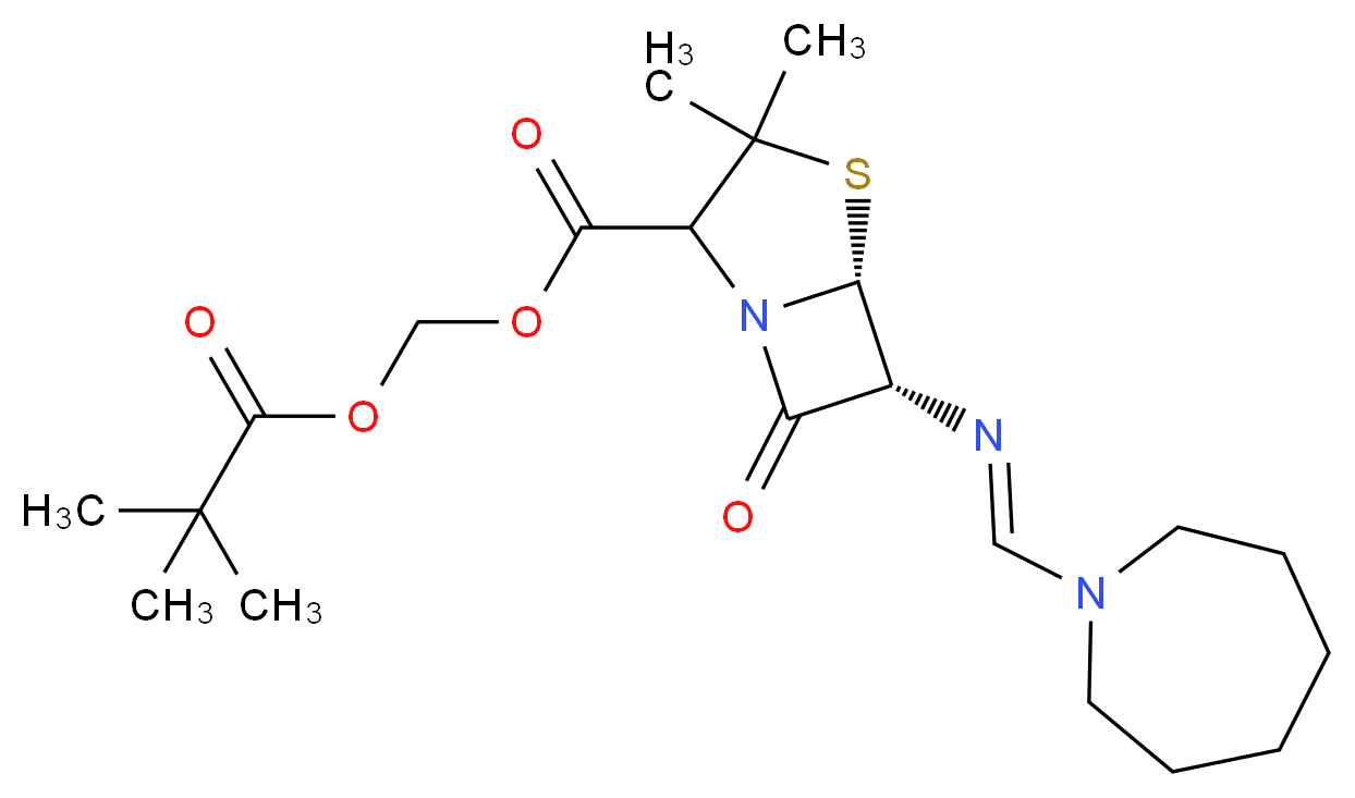 [(5R,6R)-6-[(E)-(azepan-1-ylmethylidene)amino]-3,3-dimethyl-7-oxo-4-thia-1-azabicyclo[3.2.0]heptane-2-carbonyloxy]methyl 2,2-dimethylpropanoate_分子结构_CAS_32886-97-8