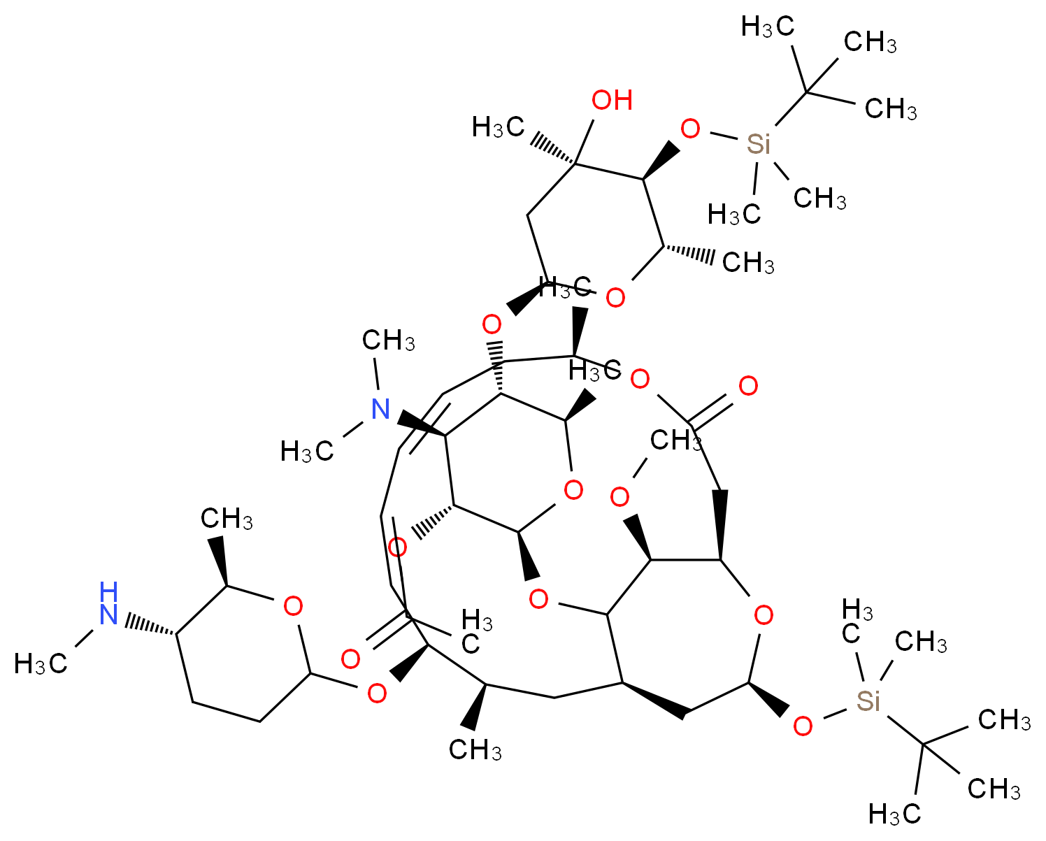 (2S,3R,4S,5S,6R)-2-{[(1R,5R,7E,9E,11R,12R,14R,16S,18S)-16-[(tert-butyldimethylsilyl)oxy]-18-methoxy-5,12-dimethyl-11-{[(5S,6R)-6-methyl-5-(methylamino)oxan-2-yl]oxy}-3-oxo-4,17-dioxabicyclo[12.3.2]nonadeca-7,9-dien-19-yl]oxy}-5-{[(2S,4R,5S,6S)-5-[(tert-butyldimethylsilyl)oxy]-4-hydroxy-4,6-dimethyloxan-2-yl]oxy}-4-(dimethylamino)-6-methyloxan-3-yl acetate_分子结构_CAS_96405-33-3
