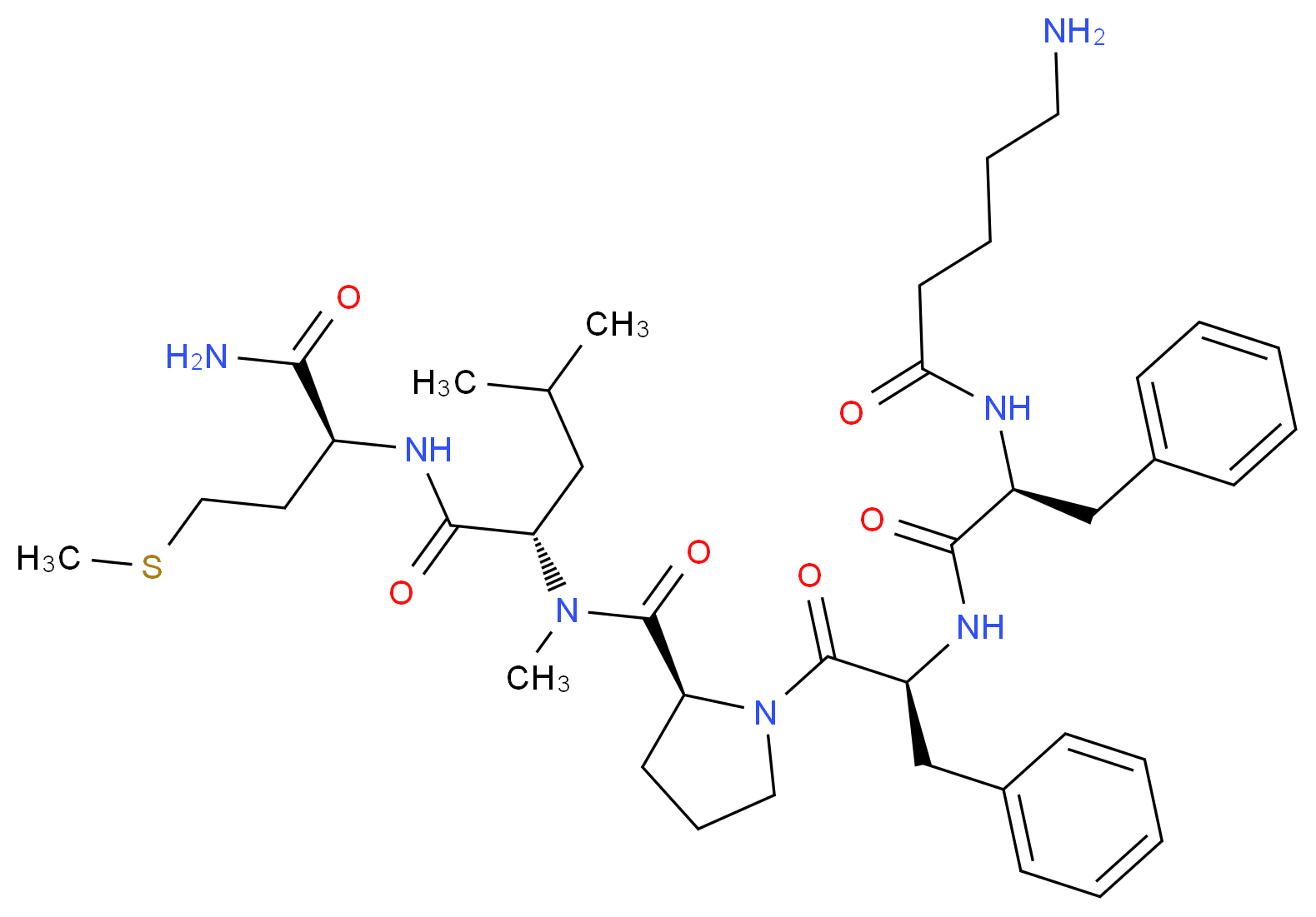 (2S)-2-{1-[(2S)-1-[(2S)-2-[(2S)-2-(5-aminopentanamido)-3-phenylpropanamido]-3-phenylpropanoyl]pyrrolidin-2-yl]-N-methylformamido}-N-[(1S)-1-carbamoyl-3-(methylsulfanyl)propyl]-4-methylpentanamide_分子结构_CAS_133156-06-6