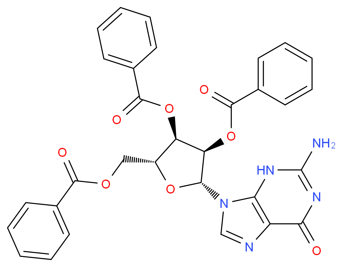 [(2R,3R,4R,5R)-5-(2-amino-6-oxo-6,9-dihydro-3H-purin-9-yl)-3,4-bis(benzoyloxy)oxolan-2-yl]methyl benzoate_分子结构_CAS_66048-53-1