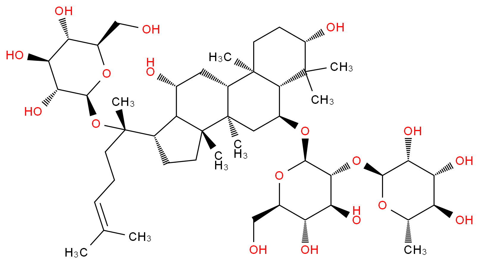 (2S,3R,4R,5R,6S)-2-{[(2R,3R,4S,5S,6R)-2-{[(1R,2R,5S,7R,8S,10R,11R,14S,15R,16R)-5,16-dihydroxy-2,6,6,10,11-pentamethyl-14-[(2S)-6-methyl-2-{[(2S,3R,4S,5S,6R)-3,4,5-trihydroxy-6-(hydroxymethyl)oxan-2-yl]oxy}hept-5-en-2-yl]tetracyclo[8.7.0.0<sup>2</sup>,<sup>7</sup>.0<sup>1</sup><sup>1</sup>,<sup>1</sup><sup>5</sup>]heptadecan-8-yl]oxy}-4,5-dihydroxy-6-(hydroxymethyl)oxan-3-yl]oxy}-6-methyloxane-3,4,5-triol_分子结构_CAS_51542-56-4