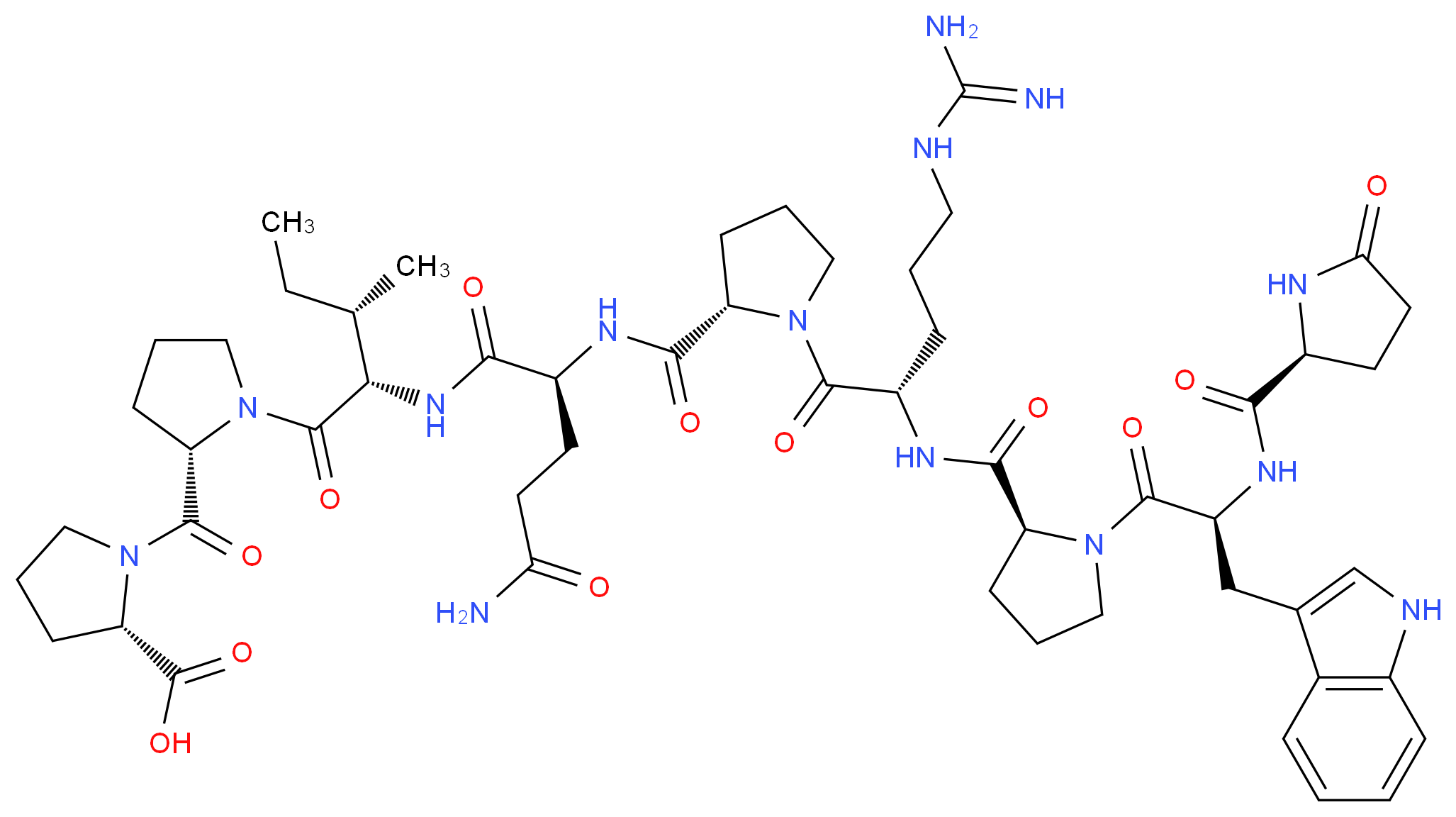 (2S)-1-[(2S)-1-[(2S,3S)-2-[(2S)-2-{[(2S)-1-[(2S)-5-carbamimidamido-2-{[(2S)-1-[(2S)-3-(1H-indol-3-yl)-2-{[(2S)-5-oxopyrrolidin-2-yl]formamido}propanoyl]pyrrolidin-2-yl]formamido}pentanoyl]pyrrolidin-2-yl]formamido}-4-carbamoylbutanamido]-3-methylpentanoyl]pyrrolidine-2-carbonyl]pyrrolidine-2-carboxylic acid_分子结构_CAS_35115-60-7